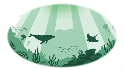 Green Underwater Ocean Ecosystem with Whale, Ray Fish, Jellyfish, and Coral Reef Silhouettes © Lapak orang bejo