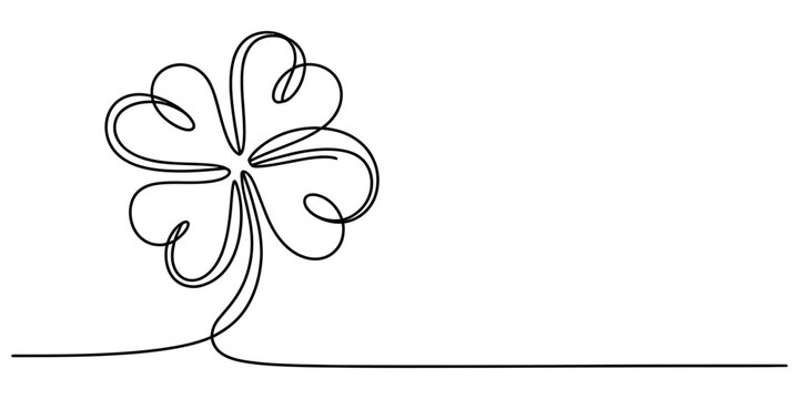 Lucky four leaf clover drawn with single continuous line representing good fortune and success.