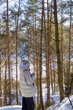 Teenage girl holds hot beverage while standing surrounded by tall pine trees in winter forest. Concept of cozy outdoor break and comforting hot drink ritual amid peaceful pine forest scenery.