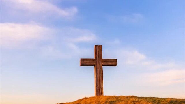Religious cross on hill,timelapse.Easter concept.
