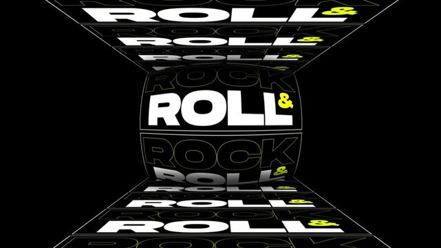 Background with rotating word rock & roll on black background, typography
