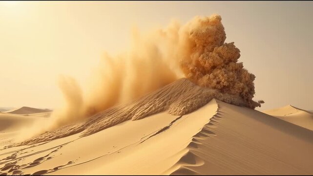 Desert scene with a large dust cloud blowing across the sandy terrain