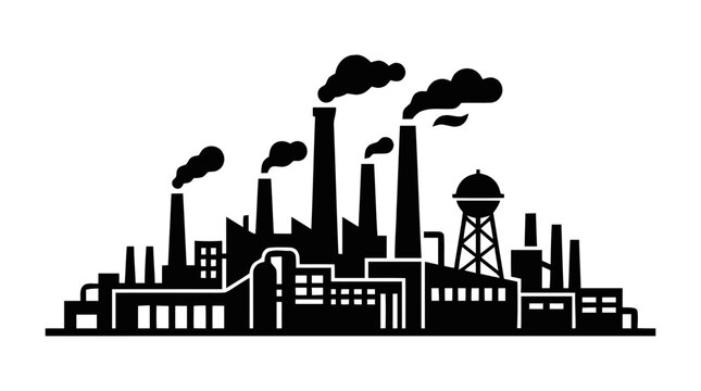 Vector illustration of industrial factory silhouette with smoking chimneys and water tower on a transparent background