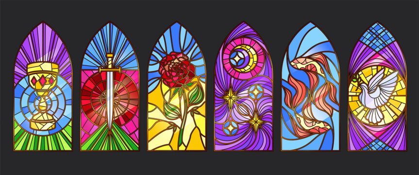 Gothic church windows set with ornate frames isolated on black background. Vector realistic illustration, medieval cathedral architecture with stained glass, vintage religious patterns, classic arches