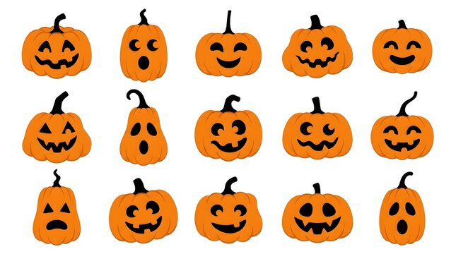 A collection of fifteen hand drawn orange pumpkins with various spooky and funny carved jack o lantern faces