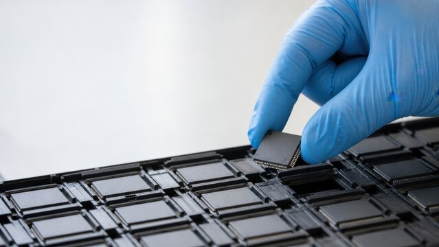 Professional technician in blue nitrile gloves carefully placing a semiconductor memory chip into a storage tray for electronic component assembly