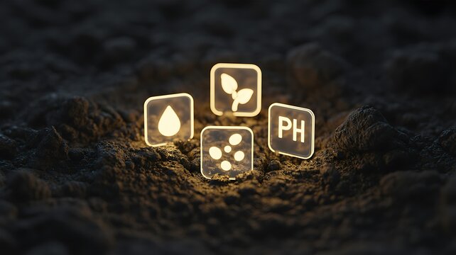 Conceptual soil health and agricultural technology with glowing farming indicators emerging from fertile ground