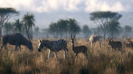 Fototapeta premium A zebra and antelope stand alert in tall grass with other grazing animals under a cloudy sky