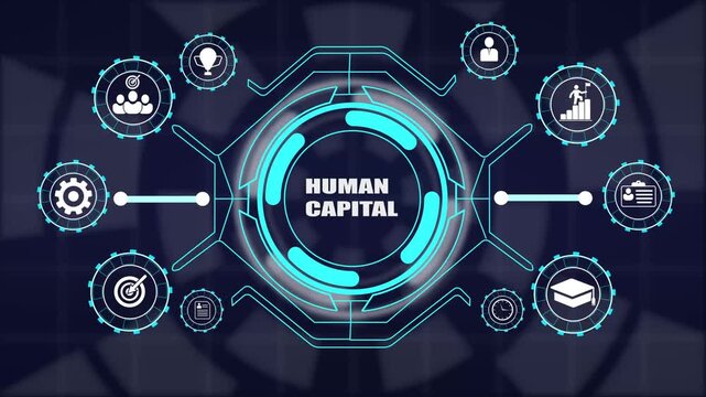 Digital interface of human capital management system featuring icons for recruitment career training performance evaluation and team success.