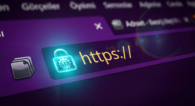 Macro view of a glowing padlock icon and https web address in a browser bar. Highlights cybersecurity, secure connections, and internet privacy concepts.