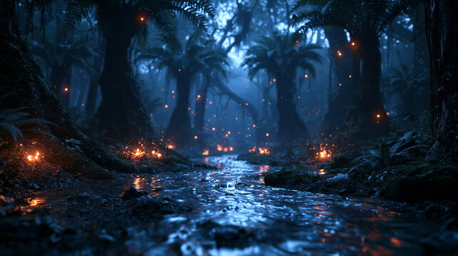 Enchanted Forest Path at Night with Glowing Lights