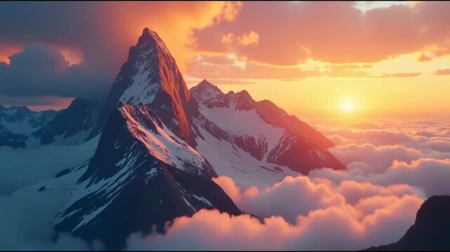 A serene mountain range scene with the sun setting in the background