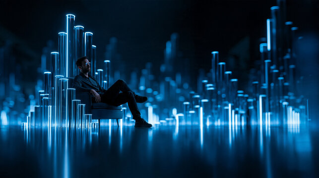 Businessman Sitting in Futuristic Glowing Data Environment