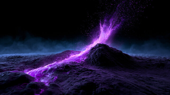 Purple Glowing Lava Erupting from Volcanic Alien Landscape