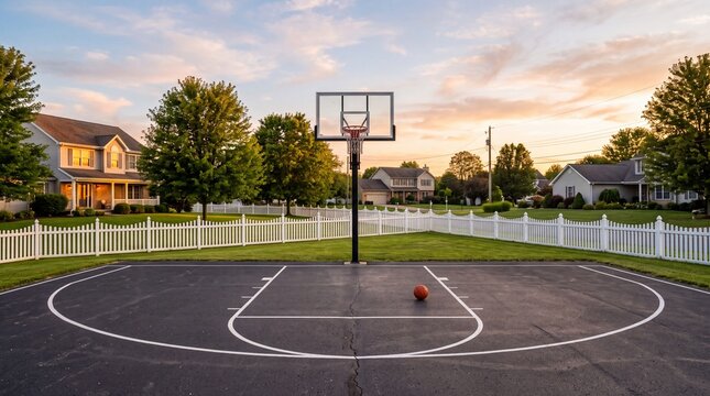 Outdoor Basketball Court in Suburban Backyard at Sunset