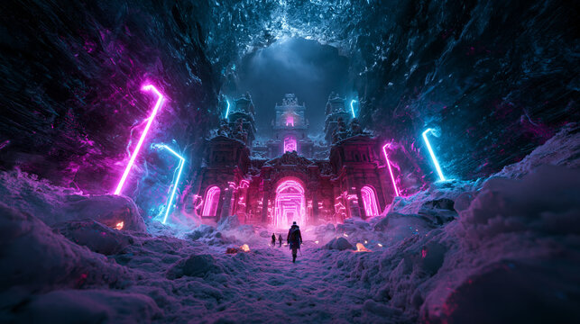 Futuristic Neon Temple Hidden in Snowy Ice Cavern
