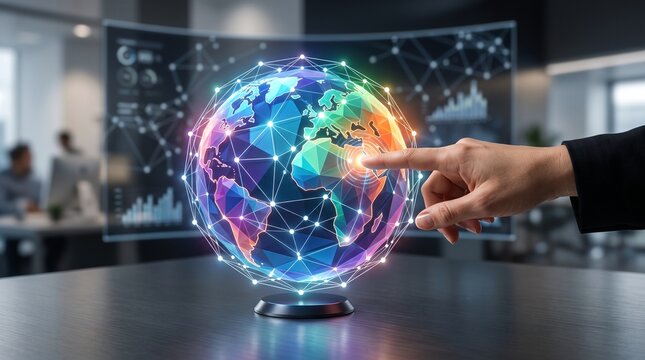 Executive Finger Touching Low Poly 3D Holographic Globe Interface with Data Visualization in Office