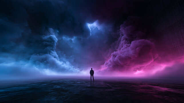Figure Facing Dramatic Glowing Storm Clouds