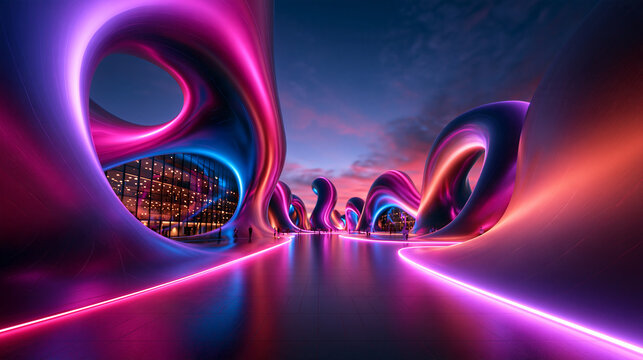 Futuristic Parametric Architecture Illuminated by Neon Lights at Dusk