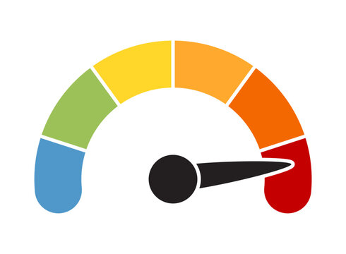 Risk meter icon in flat style. High, low, medium level vector illustration on isolated background. Speedometer, barometer sign business concept.