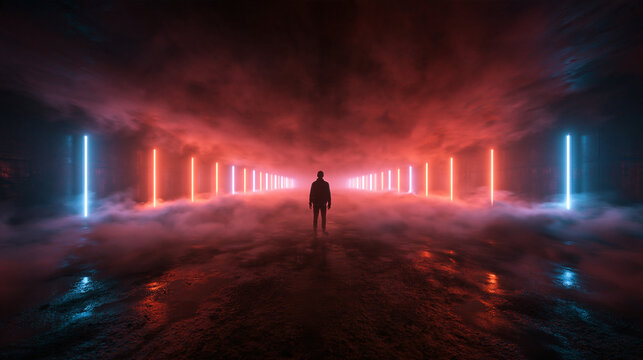 Silhouette of Man in Futuristic Neon Tunnel with Fog