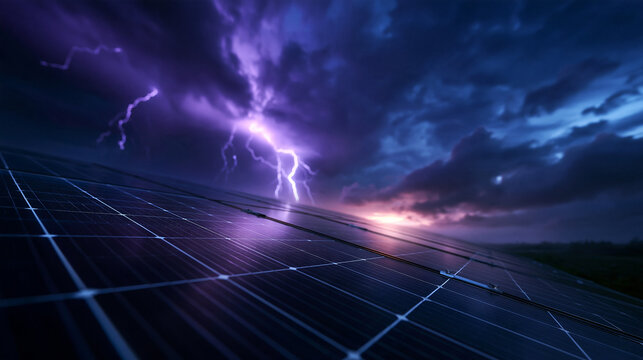 Solar Panel Under Thunderstorm with Dramatic Lightning Strike