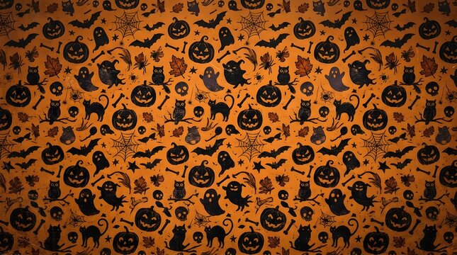 Halloween seamless pattern with black silhouettes of pumpkins ghosts bats cats and spider webs on orange background for spooky holiday design