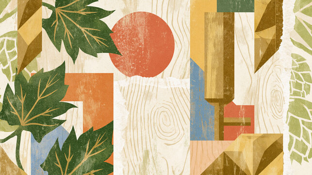 Abstract Geometric Collage with Leaves and Wood Texture