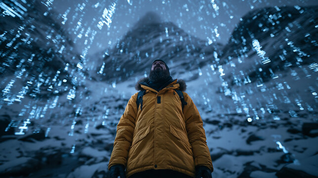 Man Looking at Digital Data Rain in Snowy Mountains