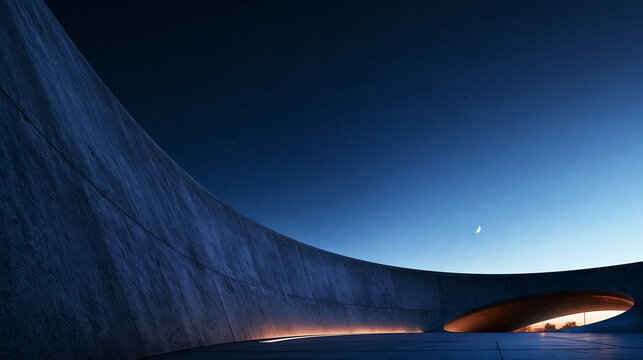 Minimalist Concrete Architecture with Crescent Moon at Twilight