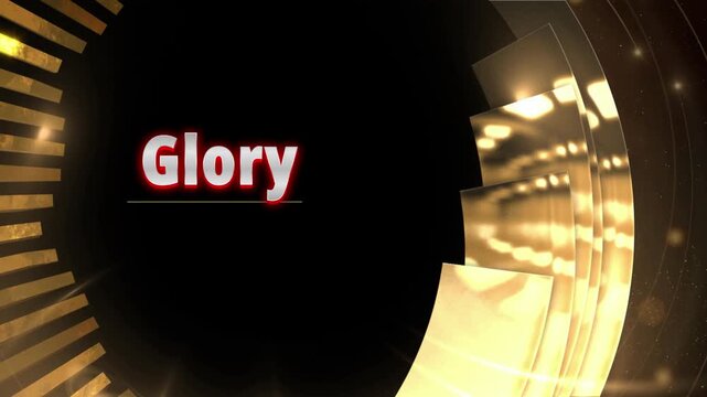 Abstract golden circular frames with the word glory displayed in the center on a dark background with appearing center against light flares