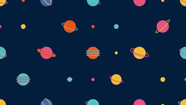 Seamless pattern of colorful planets and stars on a dark blue background