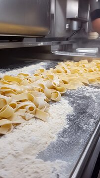 Fresh homemade pappardelle pasta ribbons resting on a floured black surface in professional kitchen, traditional Italian cuisine preparation process captured in detail.