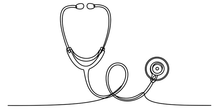Stethoscope medical tool outline drawing continuous single line art for clinical diagnostic procedure.