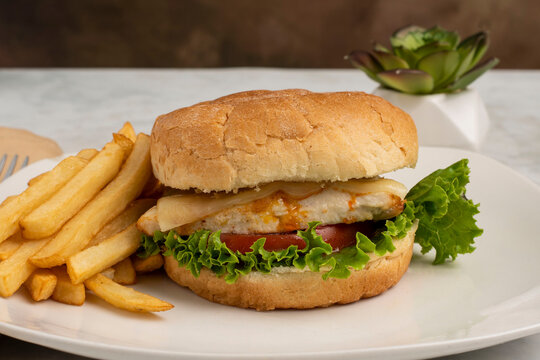 chicken  fillet sandwich  served with a side of fries
