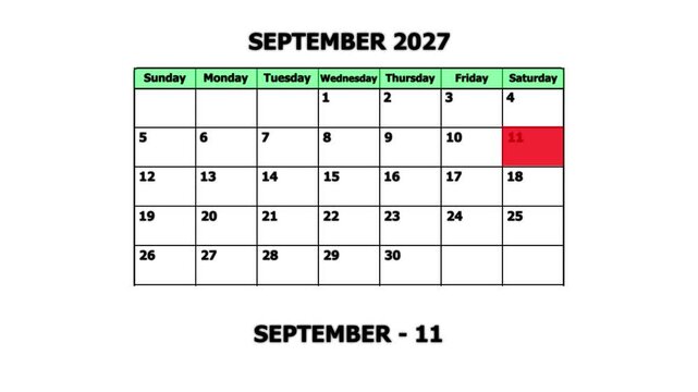 September 2027 calendar page with highlighted date september 11th concept deadline schedule
