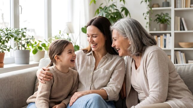 Three generations of happy women laughing together on comfortable couch in living room.