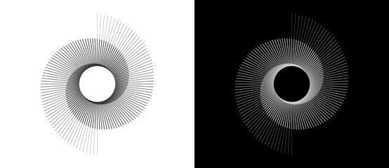 Fototapeta na wymiar Spiral with lines as dynamic abstract vector background or logo or icon. Yin and Yang symbol. Black spiral on white background and white spiral on black background.