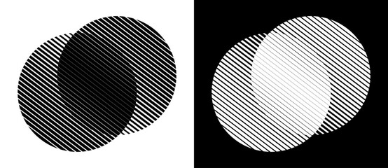 Obraz na płótnie Canvas Two overlapping circles with diagonal lines creating an illusion of overlap through denser line spacing, black on white and white on black background.