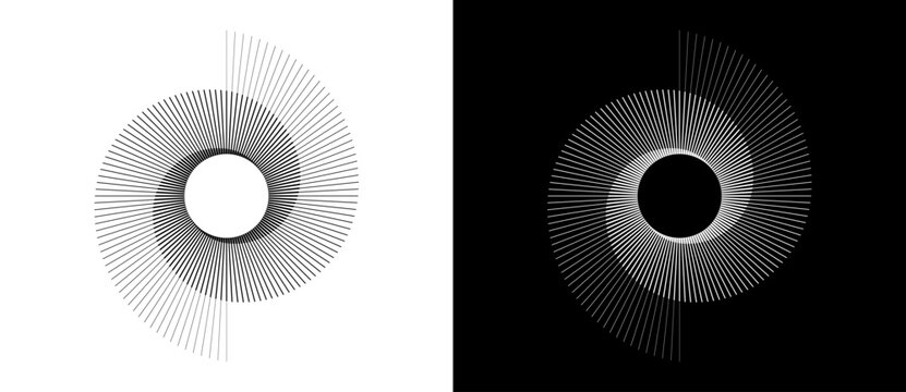 Spiral with lines as dynamic abstract vector background or logo or icon. Yin and Yang symbol. Black spiral on white background and white spiral on black background.