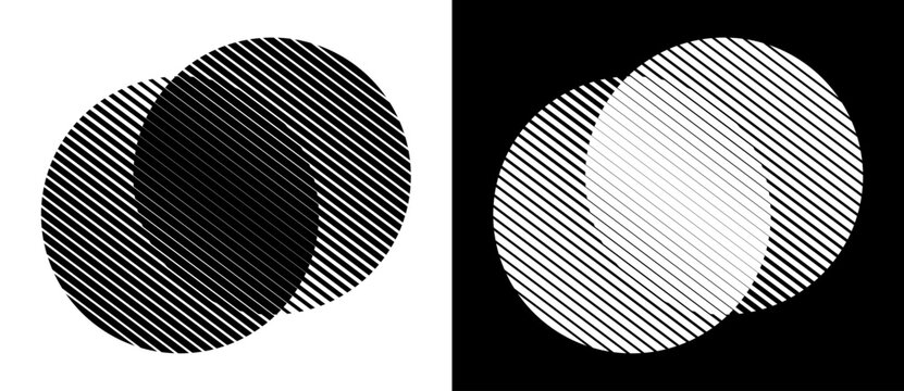 Two overlapping circles with diagonal lines creating an illusion of overlap through denser line spacing, black on white and white on black background.