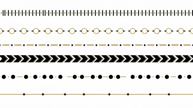 A collection of six horizontal decorative dividers featuring black and gold geometric patterns on a white background