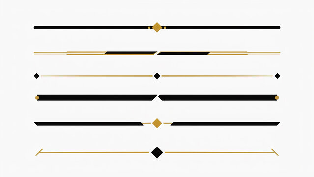 A collection of six horizontal dividers featuring black lines with gold geometric accents on a plain white background
