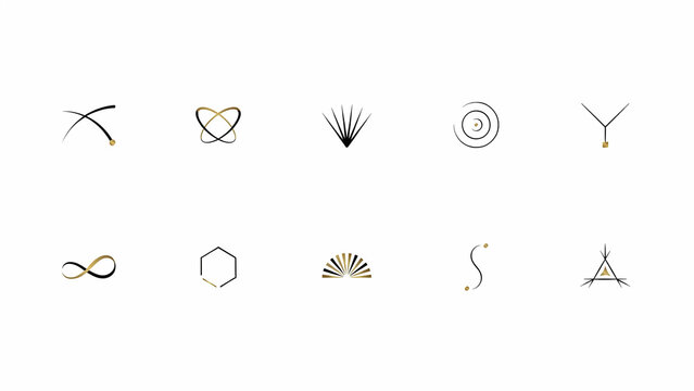 A collection of ten minimalist abstract icons and symbols featuring thin black lines and small gold metallic dots