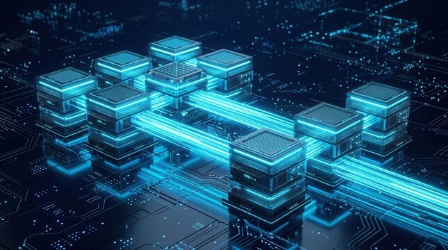 Glowing layered server stack on a circuit-like surface visualizing database migration and data flow between database nodes.