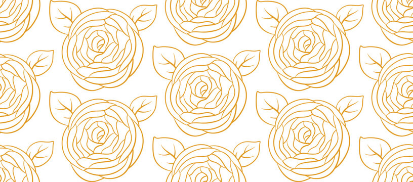 Hand drawn elegant retro line art gold pattern with roses
