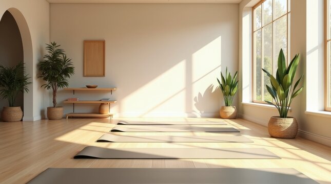 Estudio de yoga vac&iacute;o con c&aacute;lida luz solar natural entrando a trav&eacute;s de grandes ventanales de suelo a techo y suelos de madera de roble claro