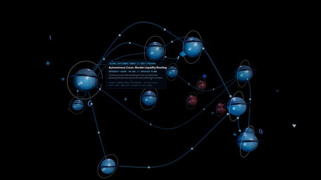 Futuristic abstract visualization of an AI intelligence financial network performing surveillance, detecting anomalies, and applying cryptographic quarantine to preserve global network integrity