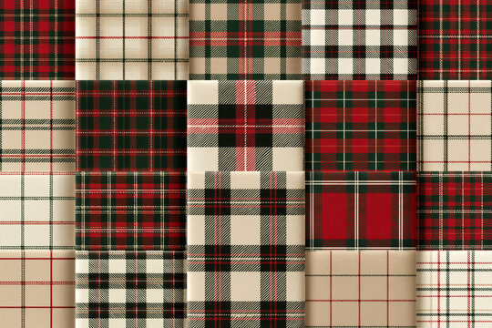 Collection plaid seamless pattern collection, festive red and green tartan checks textured backgrounds set.