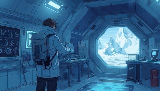 Scientist observes a frozen landscape from inside a high-tech research station located in the arctic.